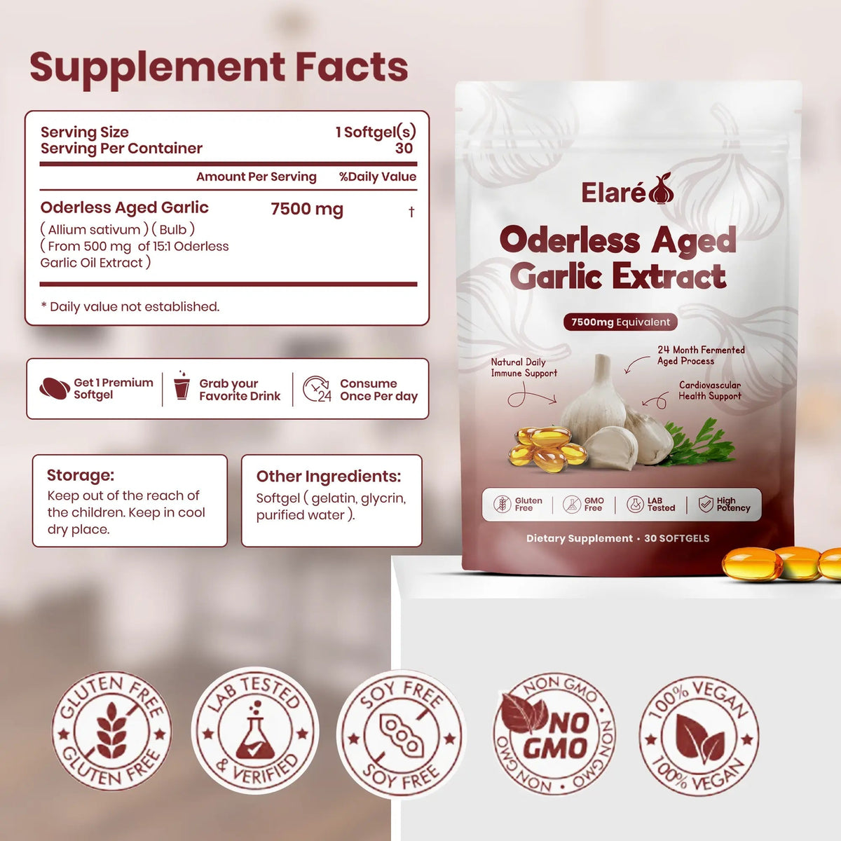 Extracto de ajo añejo - Cápsulas blandas sin olor de 7500 mg